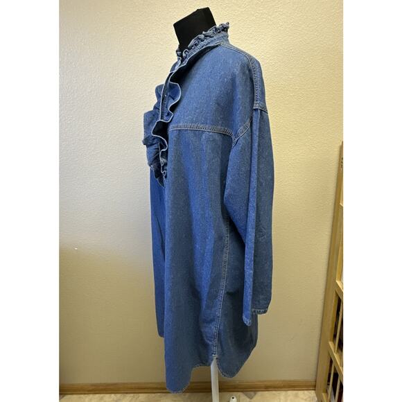 NWT Overlover Catalina Small Denim Ruffle Shirt Dress Pearl Snap Button Front - Picture 4 of 11